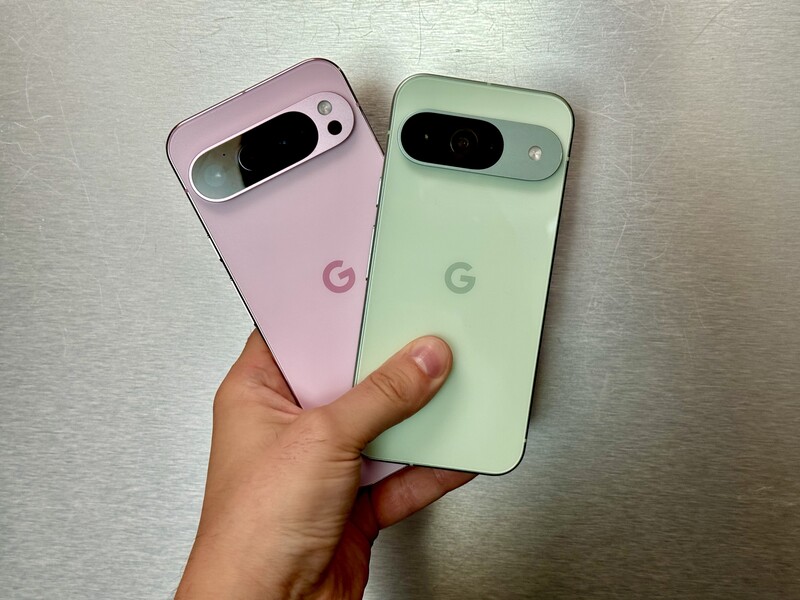 Pixel 9 wintergreen and pixel 9 pro xl rose quartz in hand